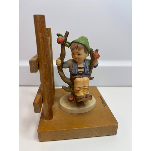 M J Hummel Boy in Apple Tree Bookend Western Germany Figurine on Wood 5" Tall - Picture 1 of 8
